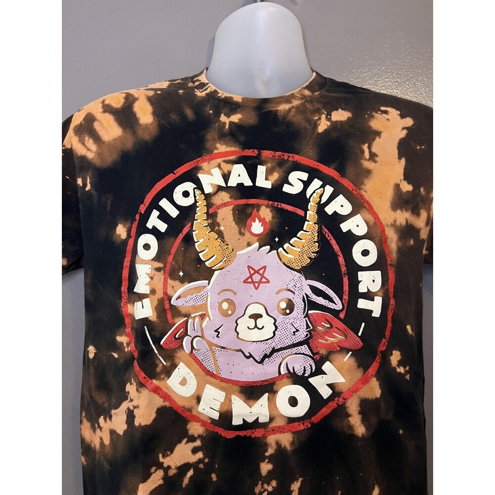 Emotional Support Demon Threadless Shirt Mens Medium Black Bleach Tie Dye Gothic